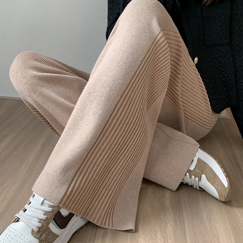 

Limiguyue Long Knitting Pants Women Autumn Winter Vintage Elastic Waist Full Length Trousers Casual Stripe Straight Leg Pants