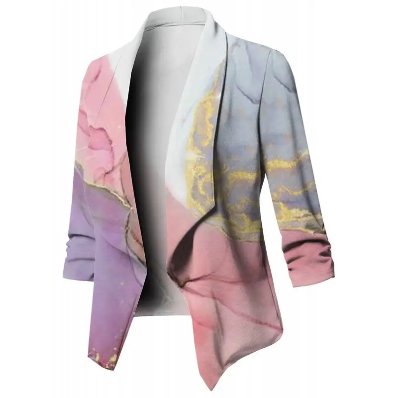Fashion Cardigan For Women 2023 Casual Print Long Sleeve Open Front Notched Collar Suit Office Ladies Jacket Daily Work Coat