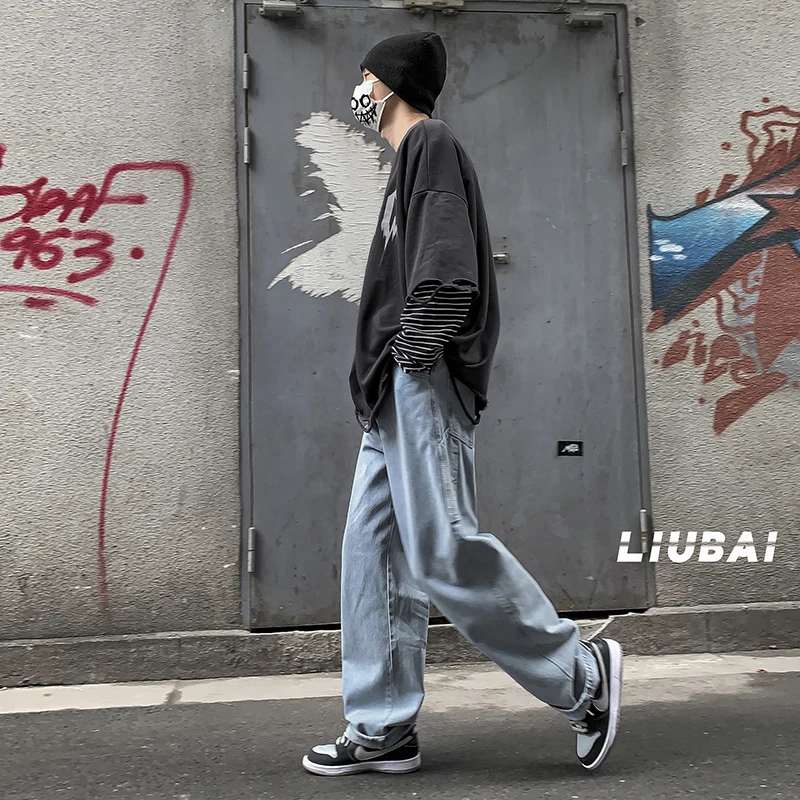 Harajuku Chic Straight Pants Men Jeans Men's High Street Vintage Jeans Korean Loose Straight Floor Mops Spring Overalls