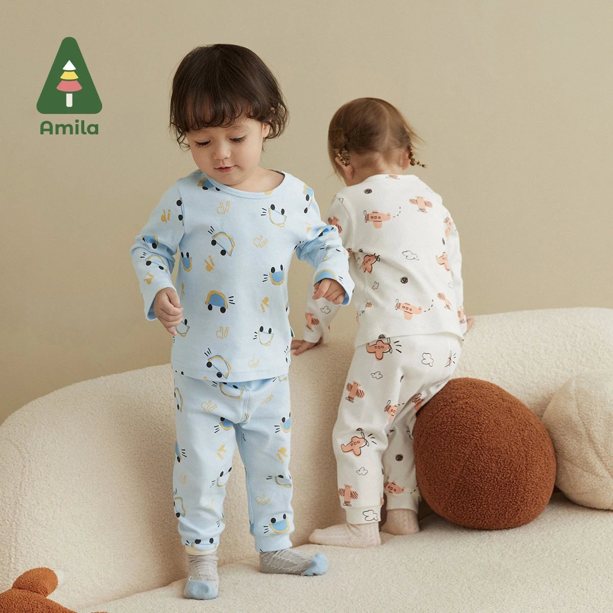 Amila Baby Underwear Set Autumn New Cartoon Full Print Cotton Soft Warm Kid Suit Girls and Boys Children's Clothes Cute