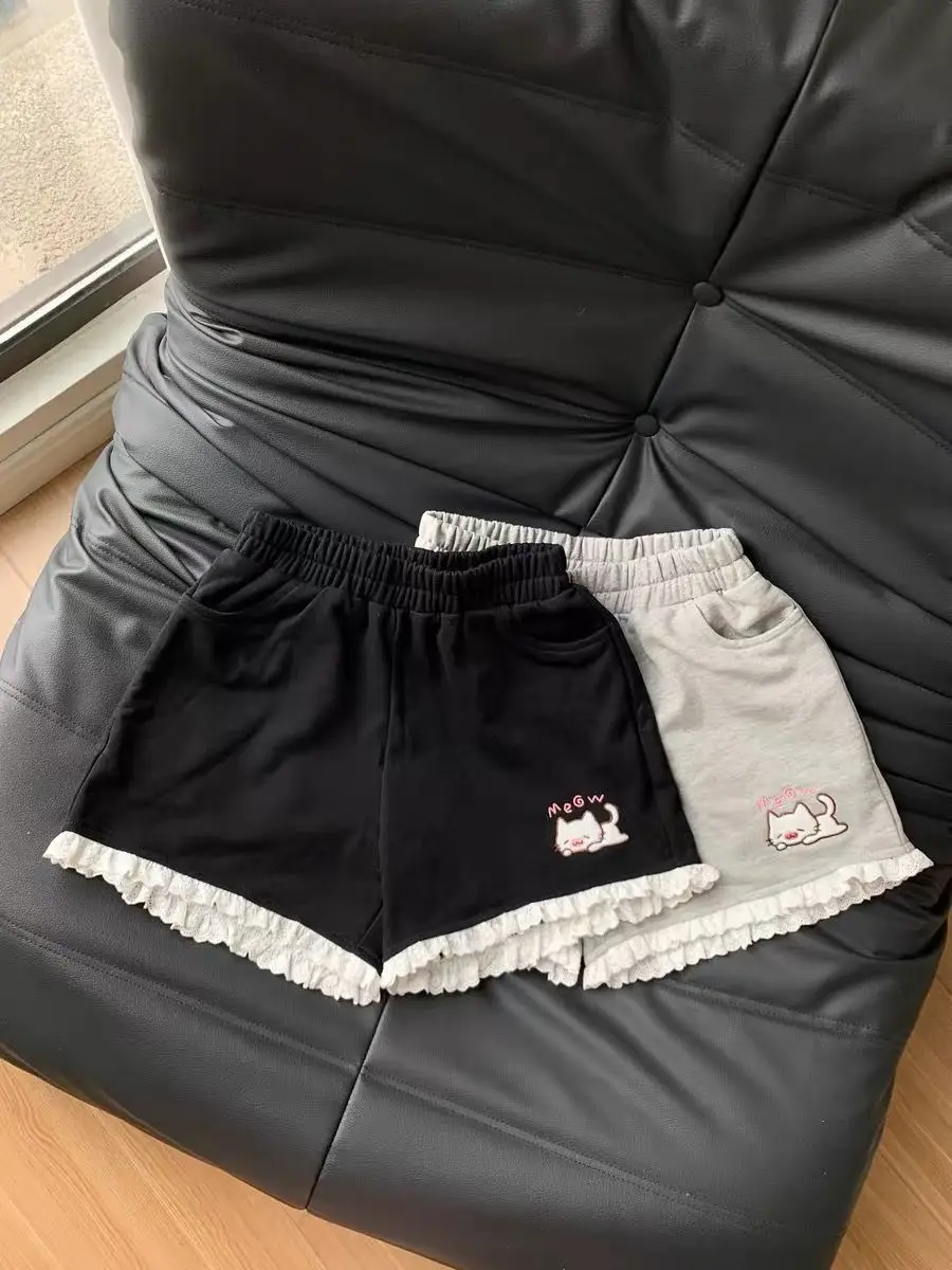 Lace Patchwork Wide Leg Shorts Women 2026 Summer Japanese Cat Embroidery Elastic Waist Short Pants Y2k Aesthetic Casual Trousers