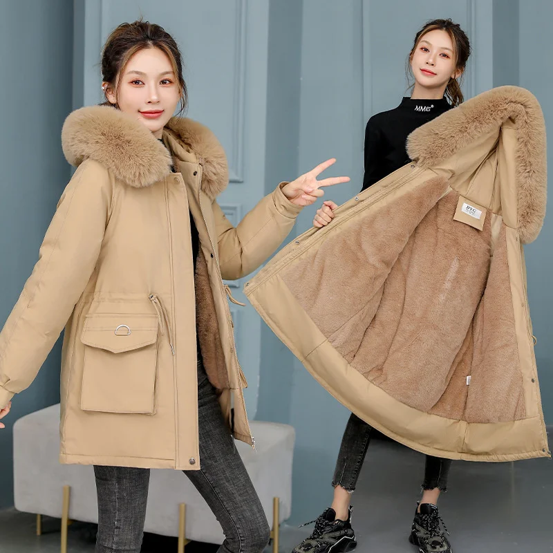 2024 Women Winter Parkas Faux Lambswool Liner Fleece Overcoat Fur Collar Hooded Coat Female Windproof Warm Cotton-padded Jackets