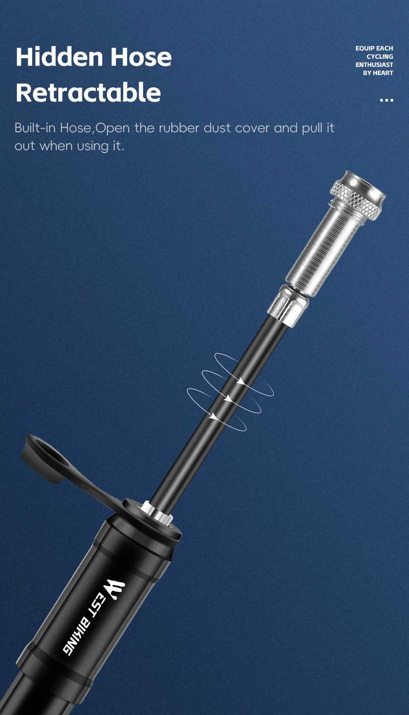 WEST BIKING Tragbare Fahrradpumpe 130PSI Hochdruck mit Schlauch Presta Schrader Ventil Aluminiumlegierung MTB Rennrad Reifenpumpe – Detail 5