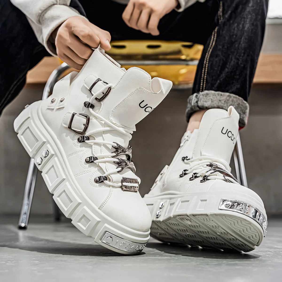 Autumn Men Casual Sneakers High Top Platform Skateboard Punk Metal Vulcanized Shoes Tennis Sports Shoes Lace Up Outdoor Boots 46 6
