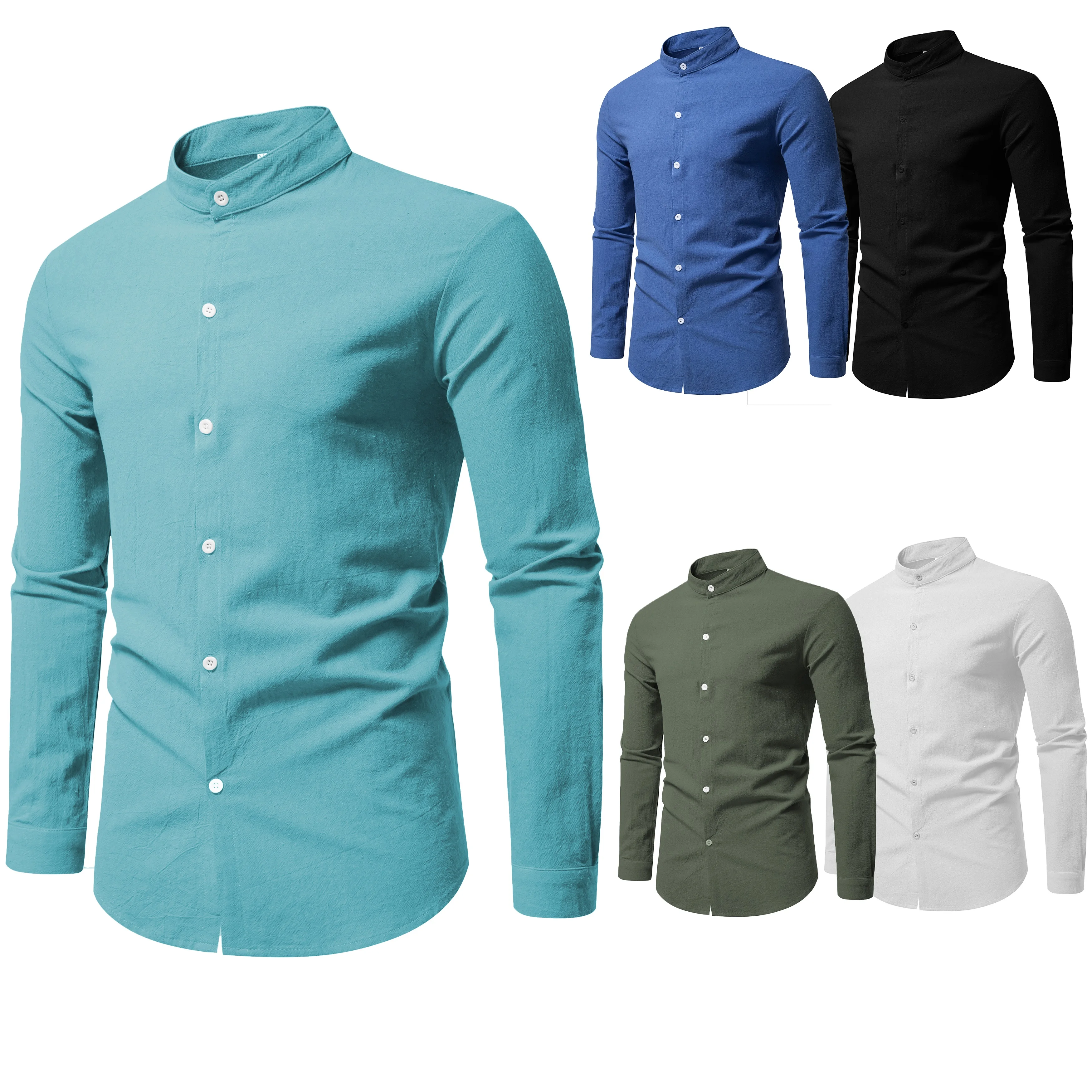 Spring Men's Long Sleeve Stand Collar Solid Color Casual Shirt Cotton Cardigan