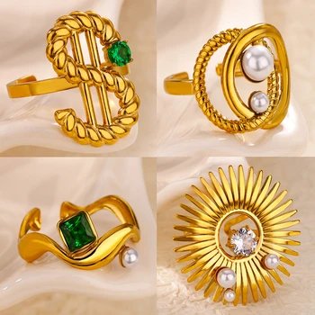Gold Color Dollar Sign Rings for Women Stainless Steel Adjustable Geometric Sun Wave Ring Aesthetic Wedding Fashion Jewelry Gift