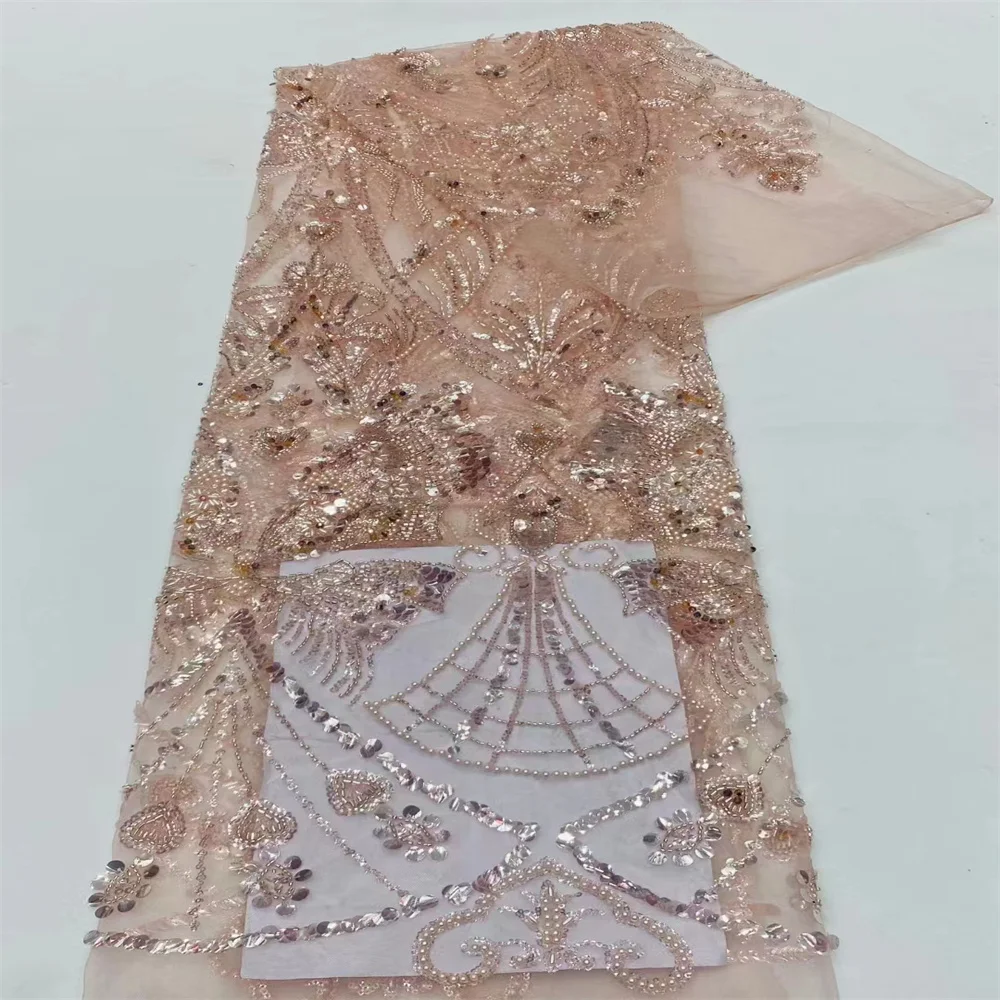 

Новый дизайн 2023, африканский тюль ручной работы с бисером, кружевная ткань, французская сетчатая кружевная ткань, кружевная вышивка бисером для свадебного платья CD5252