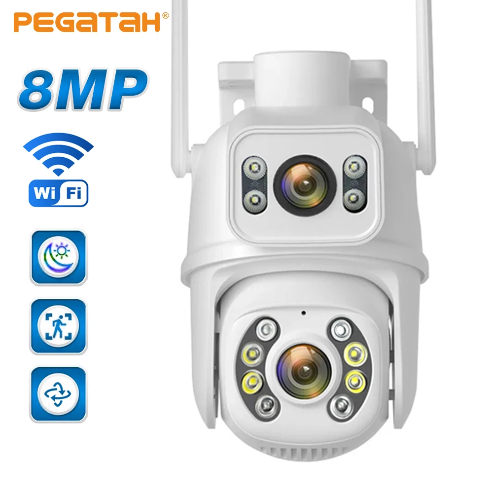 PEGATAH 8MP Wifi PTZ Camera 4K Dual Lens IP Cam Ai Human Detect Auto Tracking Wireless Outdoor Surveillance Cameras ICSee App