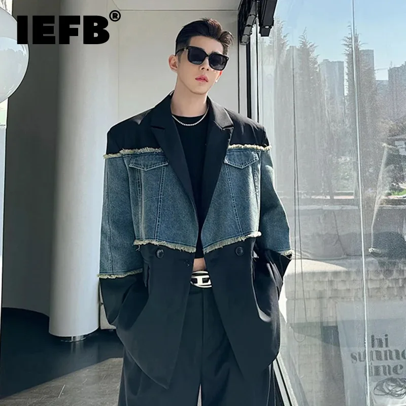 IEFB Patchwork Men's Suit Jacket Spring Deconstructed Washed Denim Spliced Male Lapel Blazer Contrast Color Top 9C5170