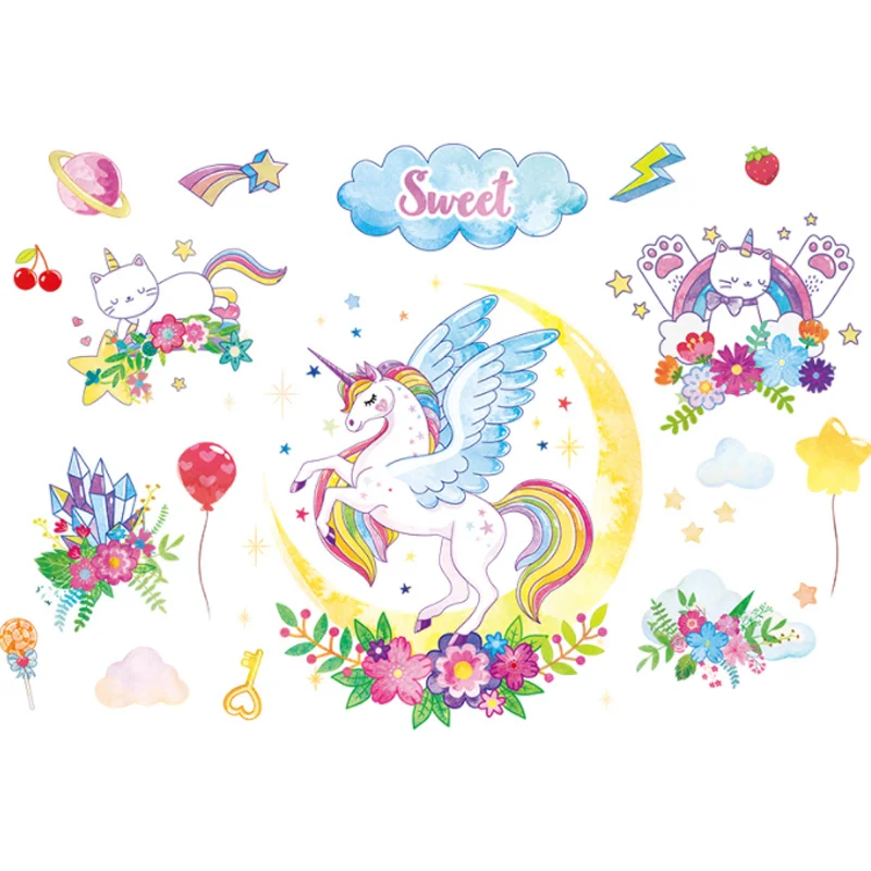 

2 Sheets Kawaii Unicorn Wall Sticker DIY Scrapbook Child Bedroom Study Living Room Background Decor Party Scene Stickers 30*90cm