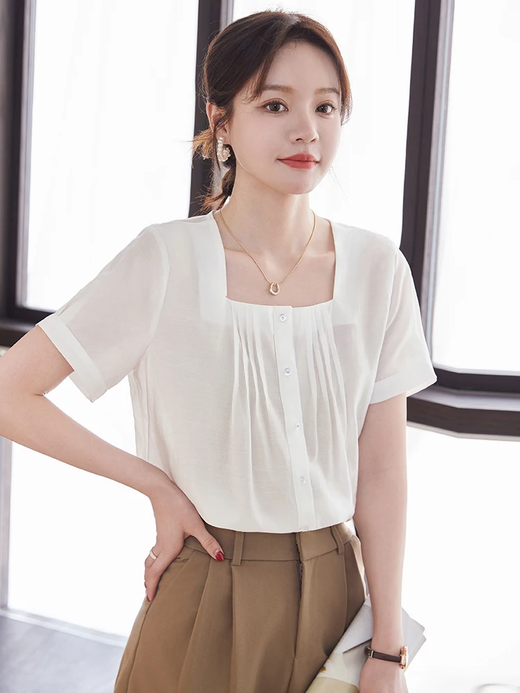 AIyssa Womens Shirts 2024 Spring New Fashion Elegant High Quality Office Womens Work Tops Short Sleeve Shirts