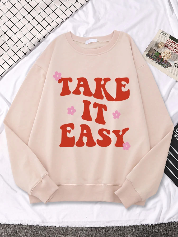 

Casual Women'S Hoodie Take It Easy Pink Flower Printing Streetwear Drop Sleeves Breathable Sweatshirts Strecth Ladies Clothes