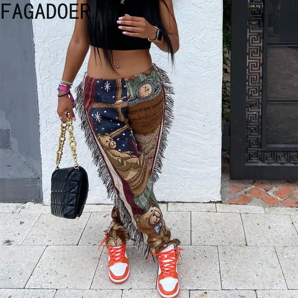 FAGADOER Vintage Side Tassel Patchwork Striped Printed Jogging Pants Clothing Casual Streetwear Bodycon SweatPants Bottoms 2023