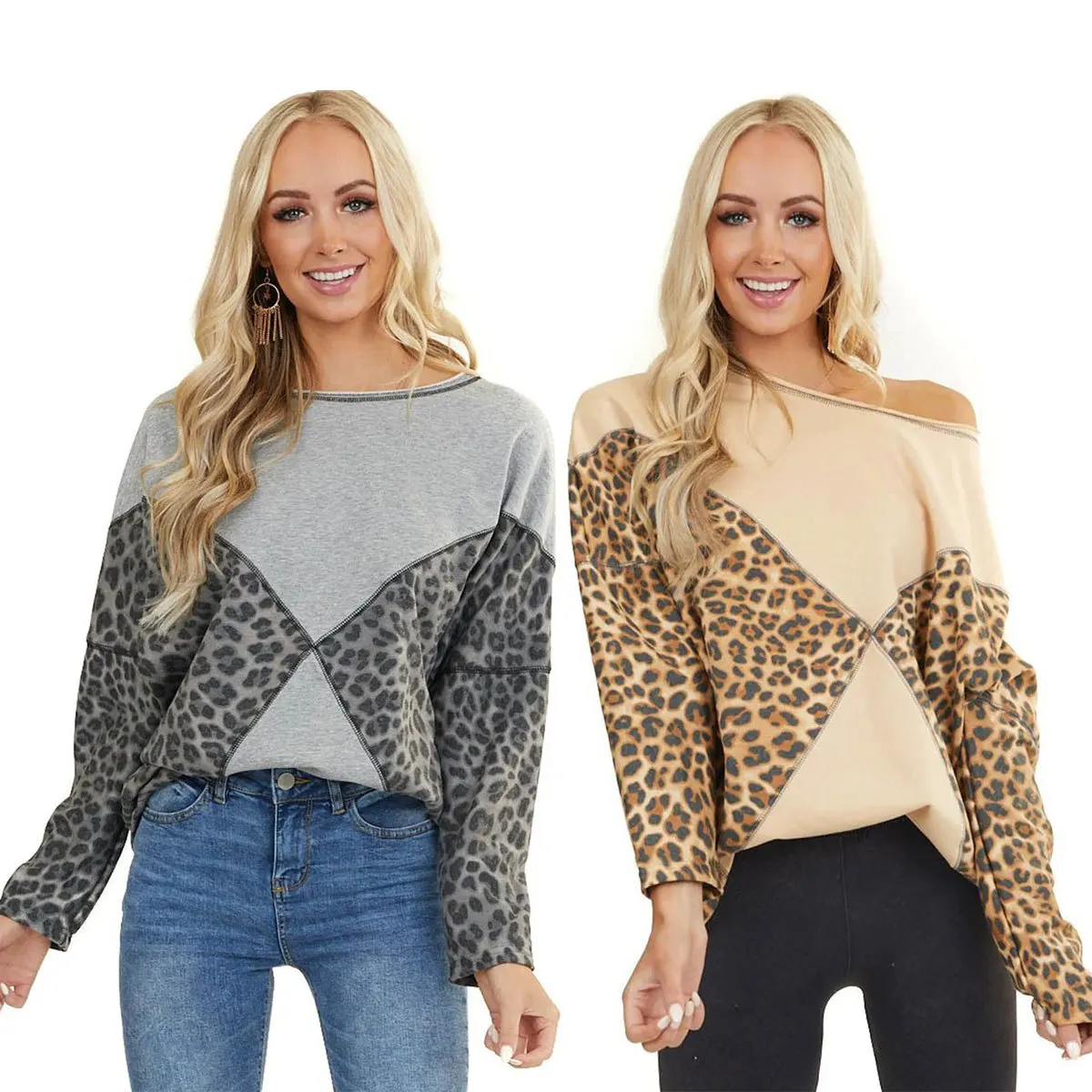 

Explosions round neck long sleeve leopard stitching sweater