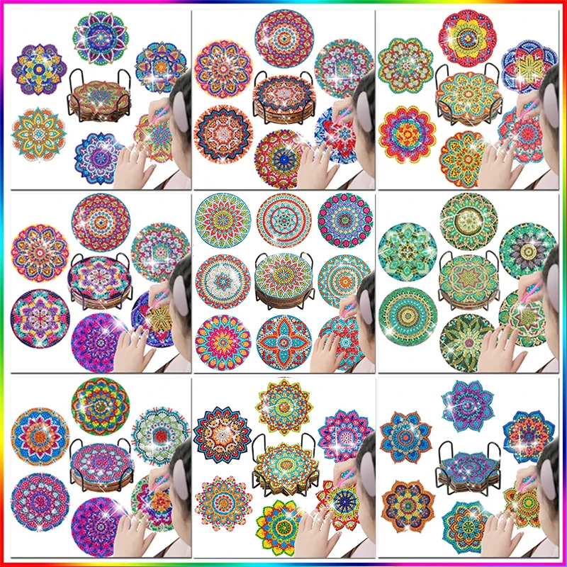 

GATYZTORY 6Pcs/Set DIY Diamond Painting Mandala Flowers Coaster Drink Cup Cushion Diamond Embroidery Kit For Kitchen Decor