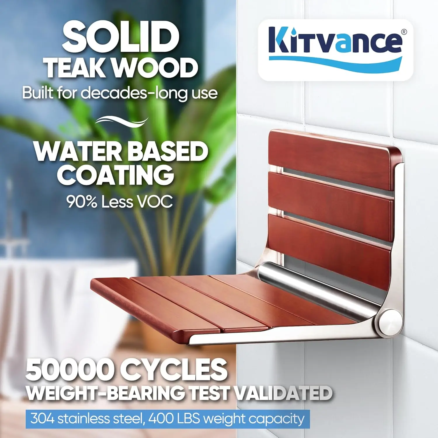 18" Folding Teak Shower Seat Wall Mounted-Teak Folding Shower Bench Wall Mounted, Teak Shower Seat Bench for Inside Shower, Wall 2