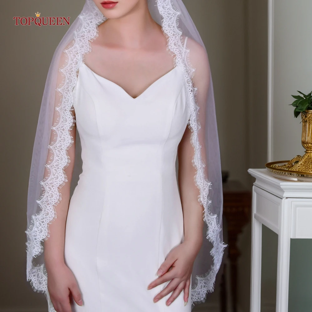 TOPQUEEN V154 Hochzeit Schleier Weiche Spitze Rand Plain Braut Schleier One Laye Elegante Rochii Romantische Wimpern Spitze Ellenbogen Länge – Detail 7