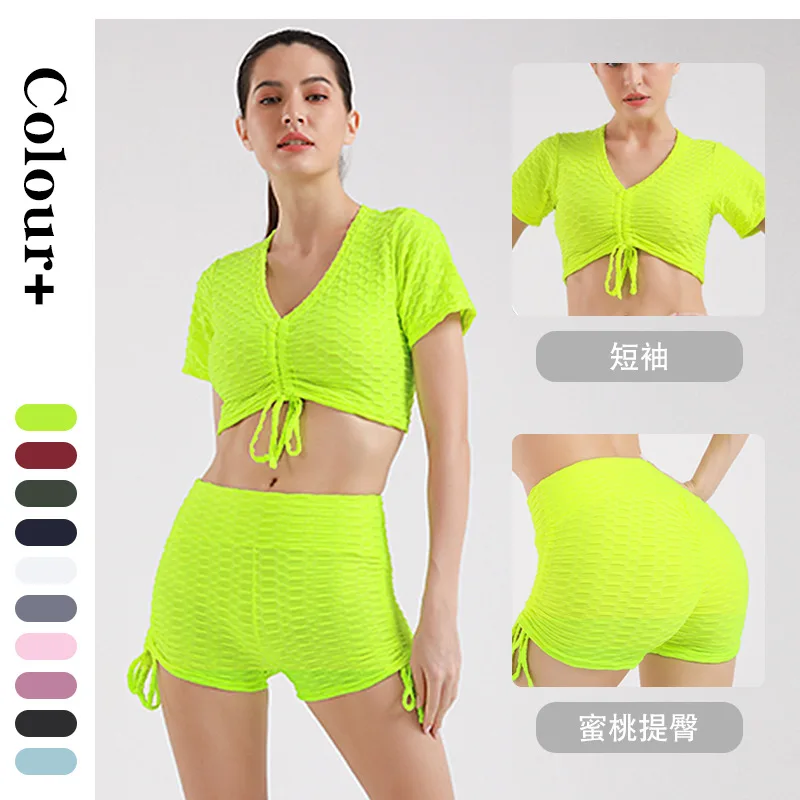 

Yoga Training Set Seamless Bubble Fitness Suit with Short Sleeve and High Waist Women's Exercise Clothing
