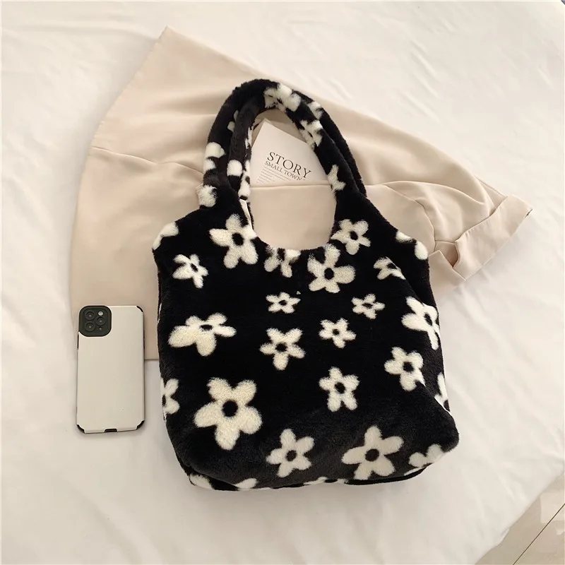 Chic Plush Flower Underarm Fur Bag, Casual Plush Tote Bag, Women Handbag, Women's Single Shoulder Bag, Korean Version Girl's Bag