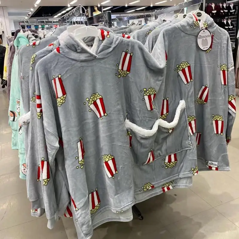 New Double Hoodie Blanket Long Sleeve Home Coral Fleece Sleepwear With Popcorn Pattern Blanket Hoodie For Two People Family