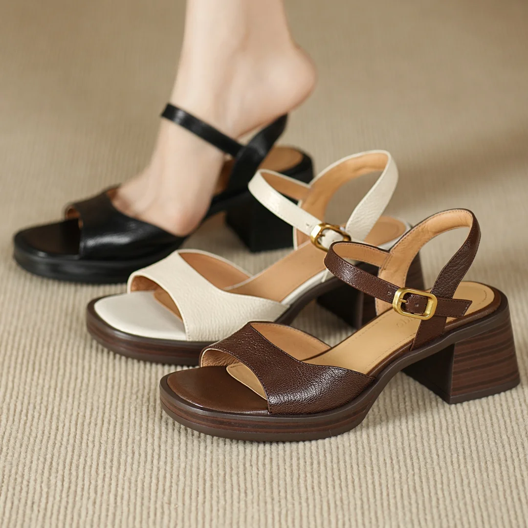 Women's genuine leather ankle strap open toe sandals 6cm chunky heel platform female summer pumps heeled OL style daily shoes
