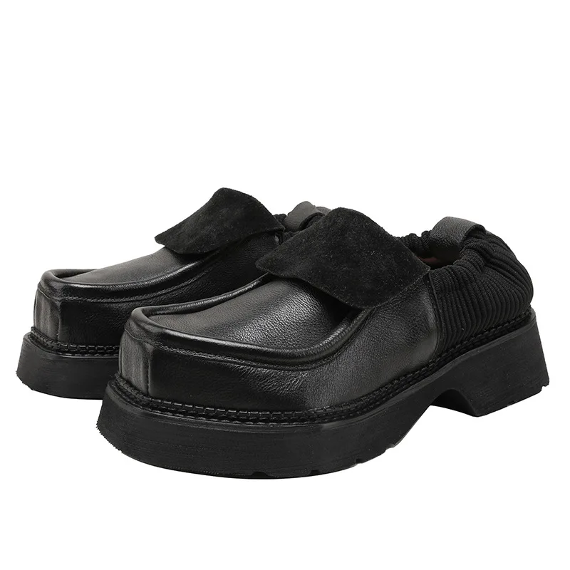 

Birkuir Genuine Leather Flat Platform Shoes Loafers Pleated Thick Heel Mixed Color Square Toe Women Luxury Ladies Platform Shoes