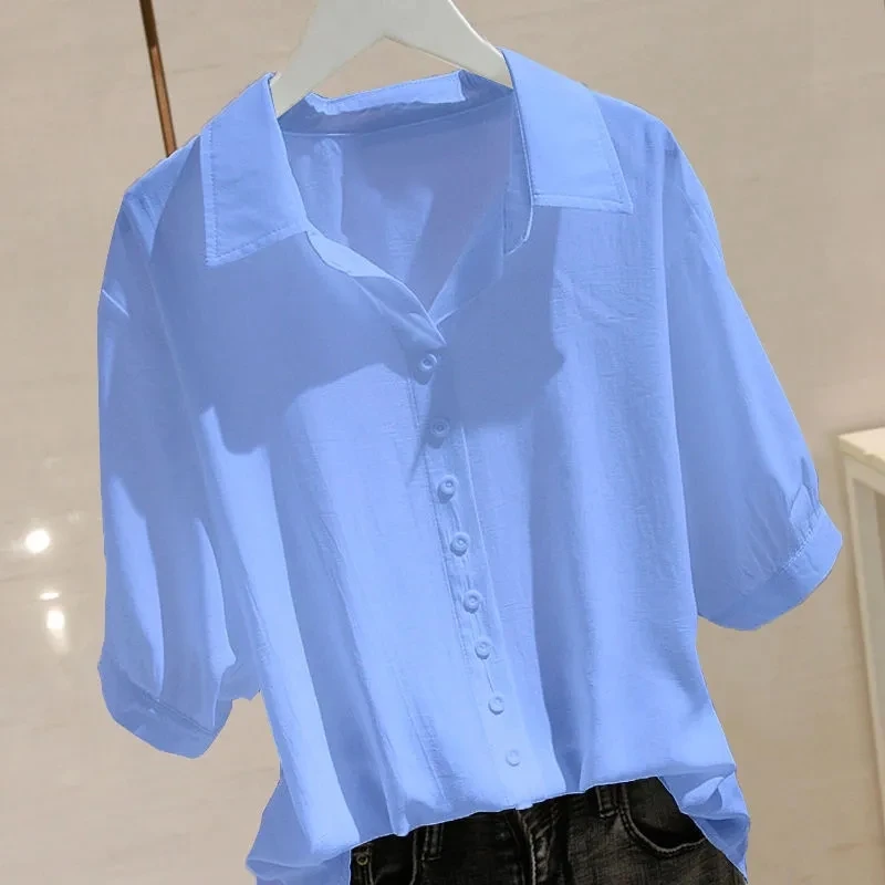 

Chiffon Shirt Womens Summer Thin 2022 New Korean Fashion Loose Plus Size Top Women V-neck Short-sleeve Single-breasted Blouse