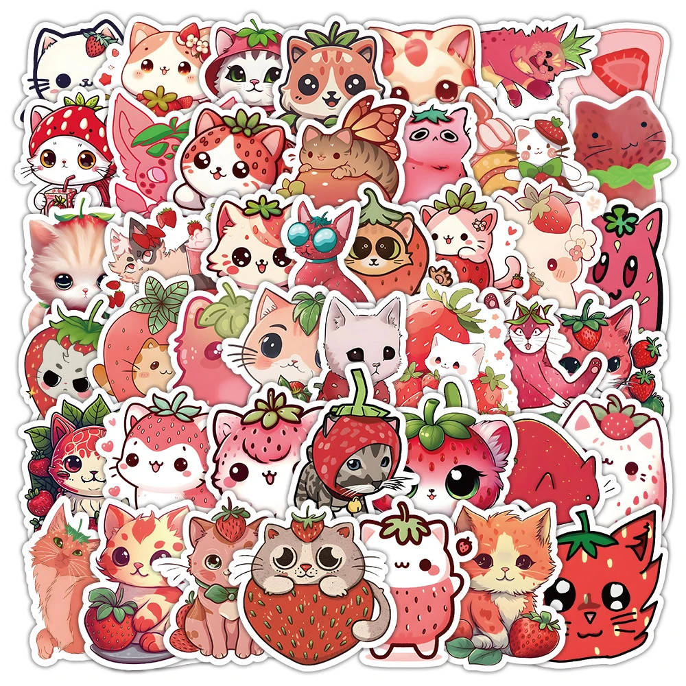 

10/30/50pcs Cartoon Cute Strawberry Cat Animal Stickers DIY Luggage Notebook Fridge Phone Kawaii Aesthetic Vinyl Sticker Decals