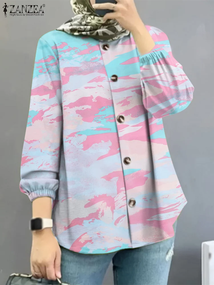 

ZANZEA Fashion Turkey Hijab Muslim Blouse Bohemian Casual Printed Chemise Woman Puff Sleeve O-Neck Shirt Vintage Loose Tops