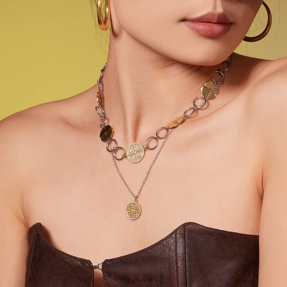 Kreisförmige Halskette mit Kettenanhänger für Damen, Edelstahl, 18 Karat vergoldet, funkelndes Zirkon-Armband, Damen-Modeschmuck-Set – Detail 5