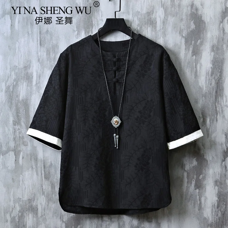 Kimono Japanese Style Men's Short Half-sleeved Shirt T-shirt Japanese Yukata Feather Knitted Cardigan Clothing Cotton and Linen
