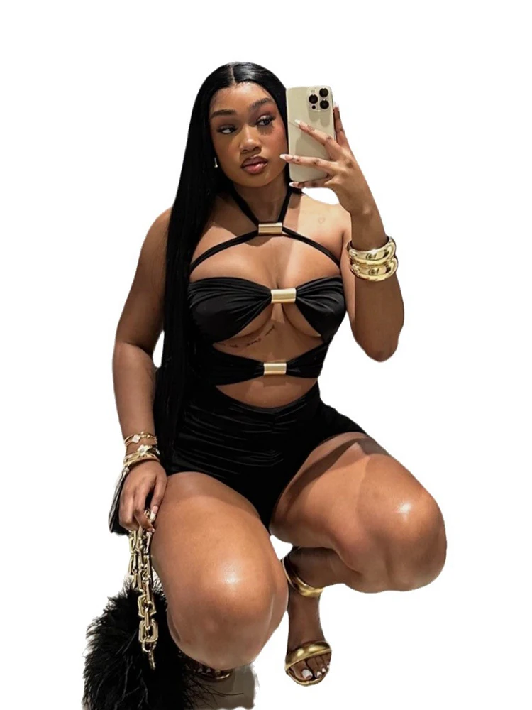 Sibybo Individuality Hollow Out Bow Metal Splice Playsuit Sexy Halter Backless Rompers 2024 Summer Fashion Spicy Girl Clothes