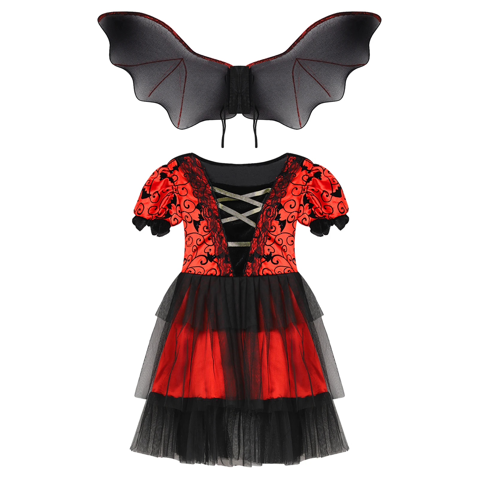 

Baby Girls Witch Vampire Party Dress Kids Halloween Cosplay Costume Puff Sleeve Lace-up Mesh Tutu Dress Devil Bat Wings Outfits