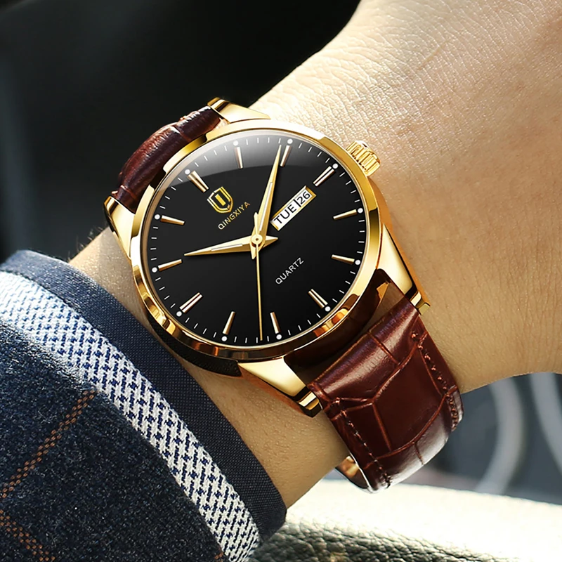 QINGXIYA Business Men Quartz Watch Fashion Leather Strap Waterproof Luminous Week Date Mens Watches Top Brand Luxury Wristwatch