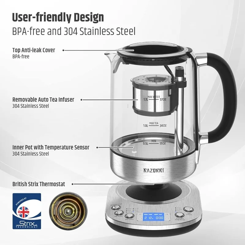 Razorri Electric Tea Maker 1.7L with Automatic Infuser for Tea Brewing, Stainless Steel Glass Kettle, Presets for 5 Types