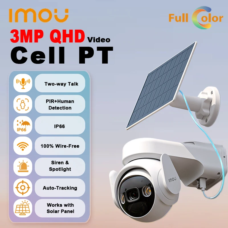 IMOU Cell PT 3MP 2K Solar Camera Kit Waterproof Two-way Talk Rechargeable Battery Outdoors IP Cameras Solar Panel