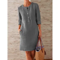 Women Casual Soild Long Sleeve Cotton And Linen Tunic Dress Vintage Straight Dress Long Sleeve Oversized Mini Knee-Length Dress - Image 3