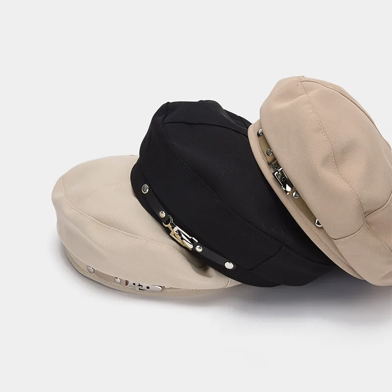 Fashion Metal Buckle Women Beret Korean Girl Octagonal Cap