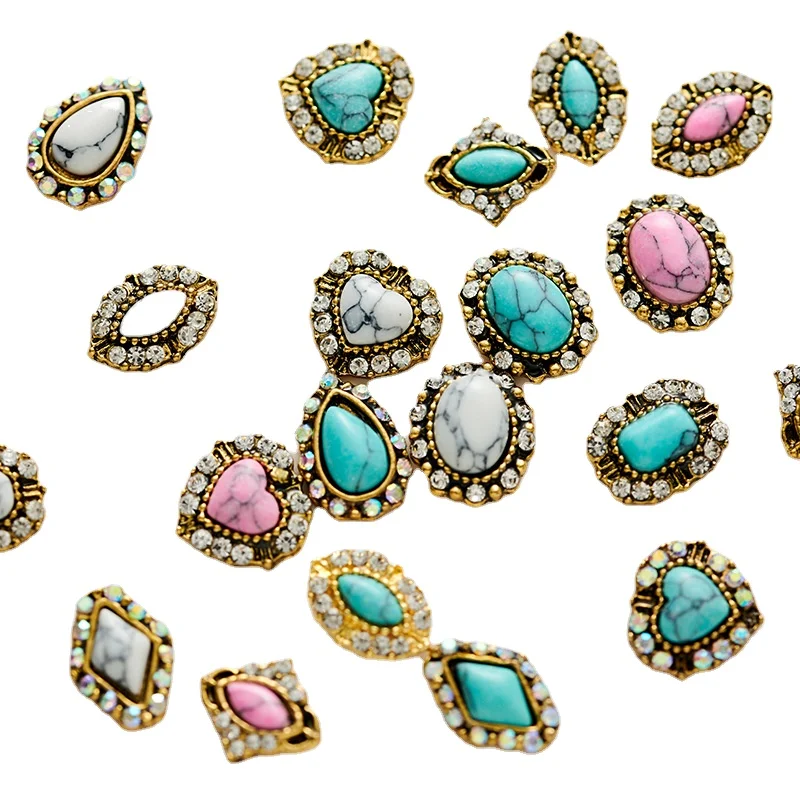 Antique Turquoise Nail Art Charms Rhinestone Green White Pink Maquise Oval Heart Nail Decoration Manicure Design DIY 10PCS 10pcs new retrol gold silver punk style bear pearl love heart bowknots stars alloy nail art jewelry decoration manicure charms