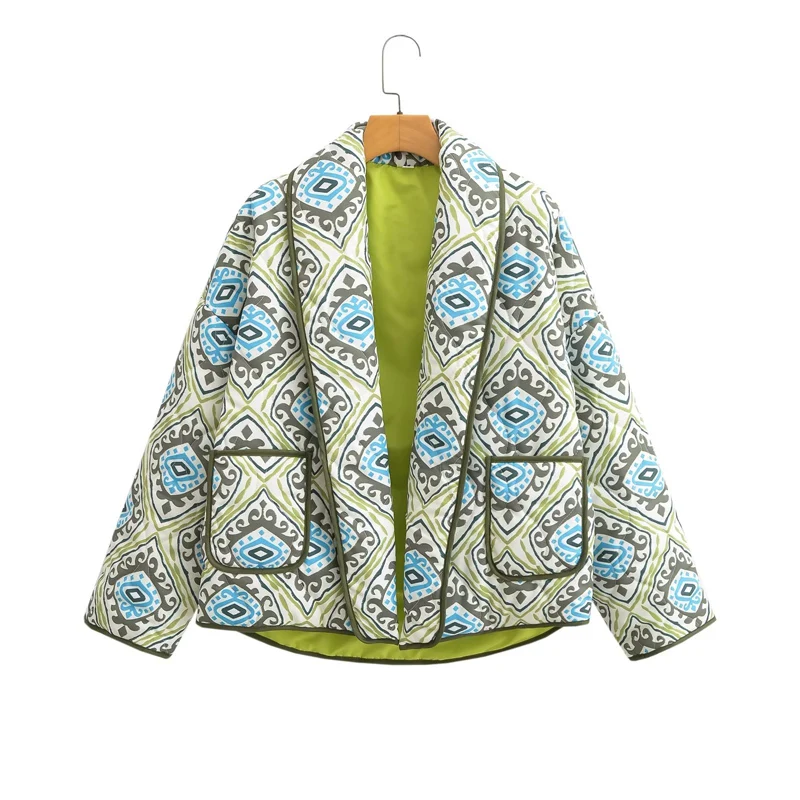 

SLTNX TRAF Fashion Print Cotton Quilted Coats for Women 2023 Autumn with Pocket Warm Outerwear Ladies V-Neck Long Sleeve Jacket