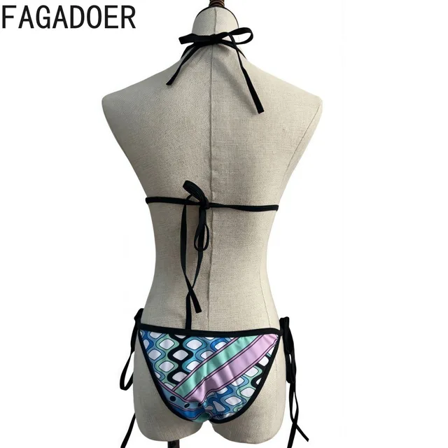 FAGADOER Sexy Bikinis Set 3 Piece Swimwear Woman 2025 Geometry Pattern Halter Backless Patchwork Tops +Underpants+ Lace Up Skirt 3