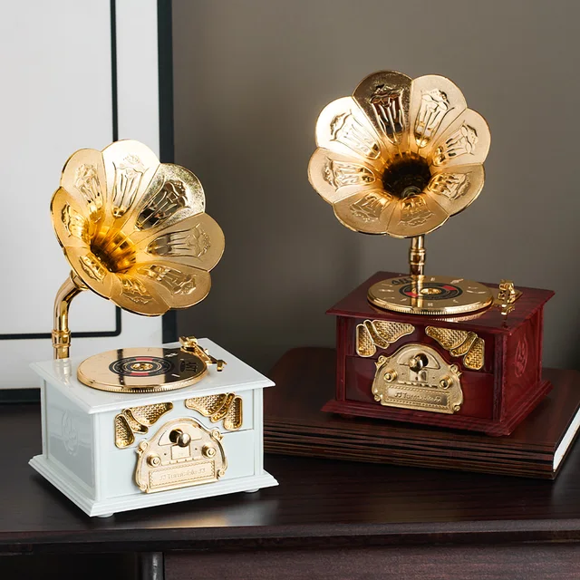 Rerto Otthoni Dekoráció Szüreti Fa Fém Fonográf Zenei Doboz Asztali Kreatív Kézi Forgattyú Zeneszám Dísz - Image 3