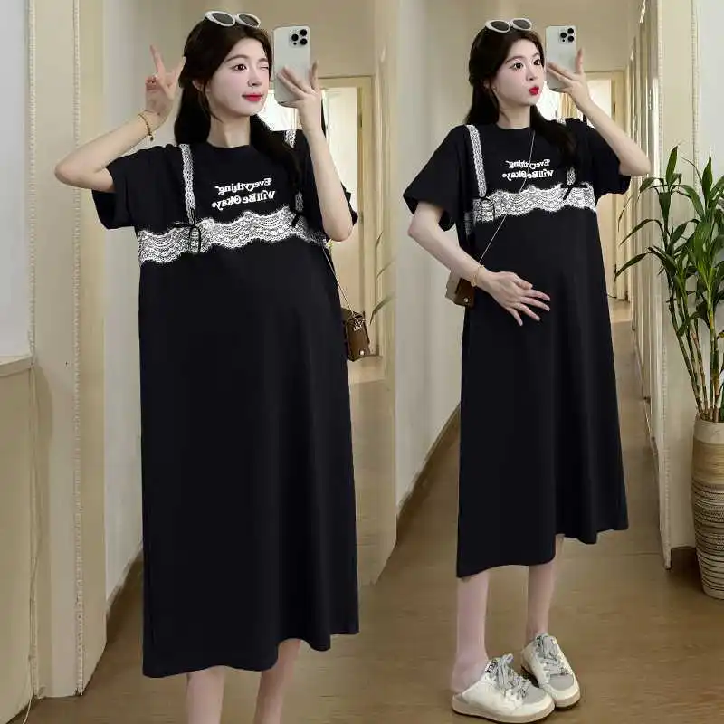 여성용 가짜 투피스 레이스 스플라이싱 반팔 스커트, 임산부 티셔츠, 한국 디자인, 원피스 여름, 200 파운드