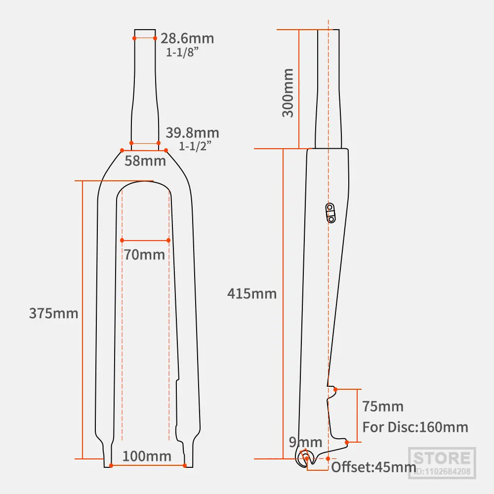 TOSEEK MTB 포크 탄소 자전거 디스크 브레이크, 초경량 자전거 테이퍼 튜브, 160mm, 530g