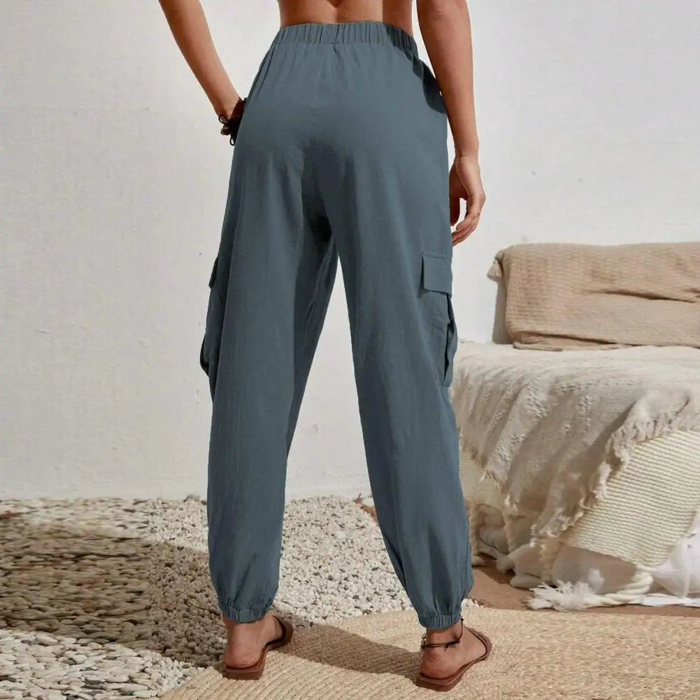 

Мягкие Длинные брюки в стиле ретро однотонные женские брюки с несколькими карманами с высокой эластичной талией для повседневного комфортного дышащего стиля