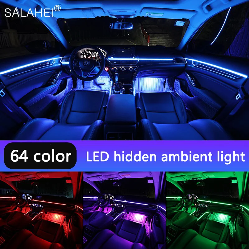 

Полноцветная светодиодная лампа, дневное освещение автомобиля, RGB 64 цвета, внутренняя Скрытая подсветка, направляющая атмосферы, декоративная лампа