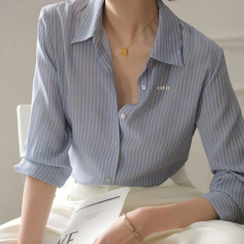 รูปสินค้า เสื้อคลาสสิกวินเทจ แขนยาว ลายทาง สง่างาม สำหรับสาวออฟฟิศ