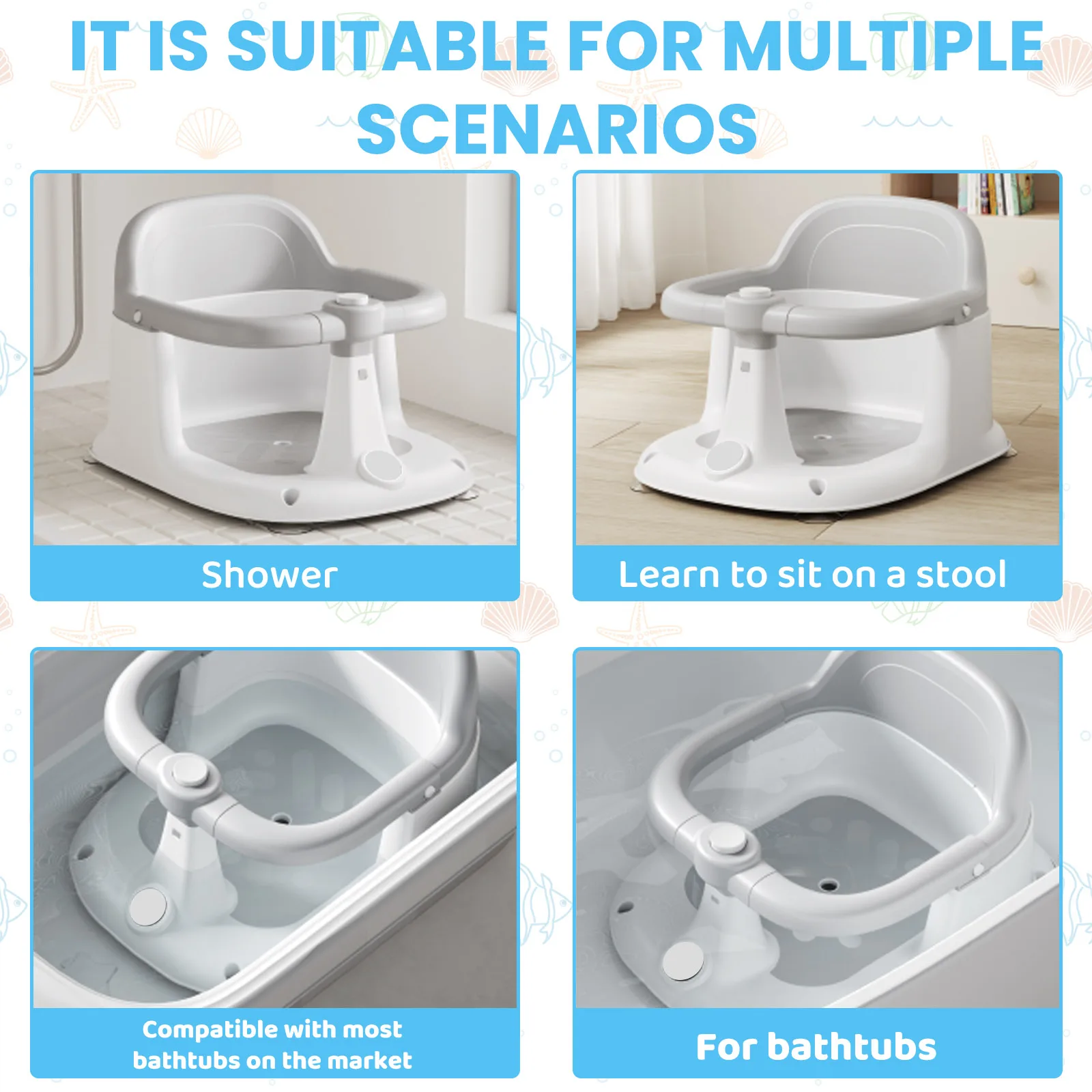 Upright Baby Bath Seat (6-24 Months) with Rotatable 360° Guardrail,