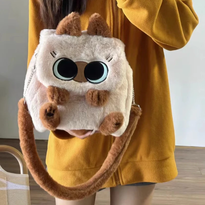 

Plush Cartoon Cat Doll Backpack Simplicity Large Capacity Campus Bag Commuting Flip Cover Diagonal Span Bag Soft Shopping Bag