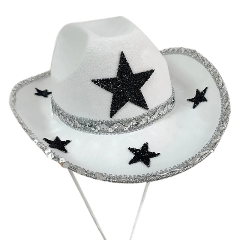 

MXMB Sequins Cowgirl Hat for Adult Cowboy Hat with Bling Stars Decorations Rave Hats Fit Most Women for Theme Party White